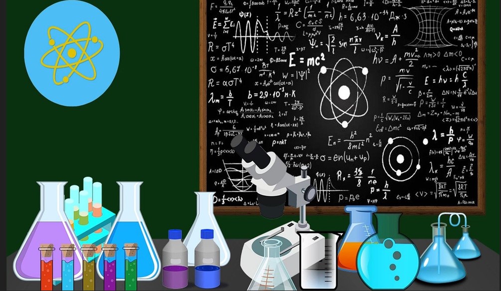 온갖 어려운 과학 수식이 적혀있는 칠판이 보이고, 그 앞에 여러 가지 실험도구와 현미경이 보이는 그림
