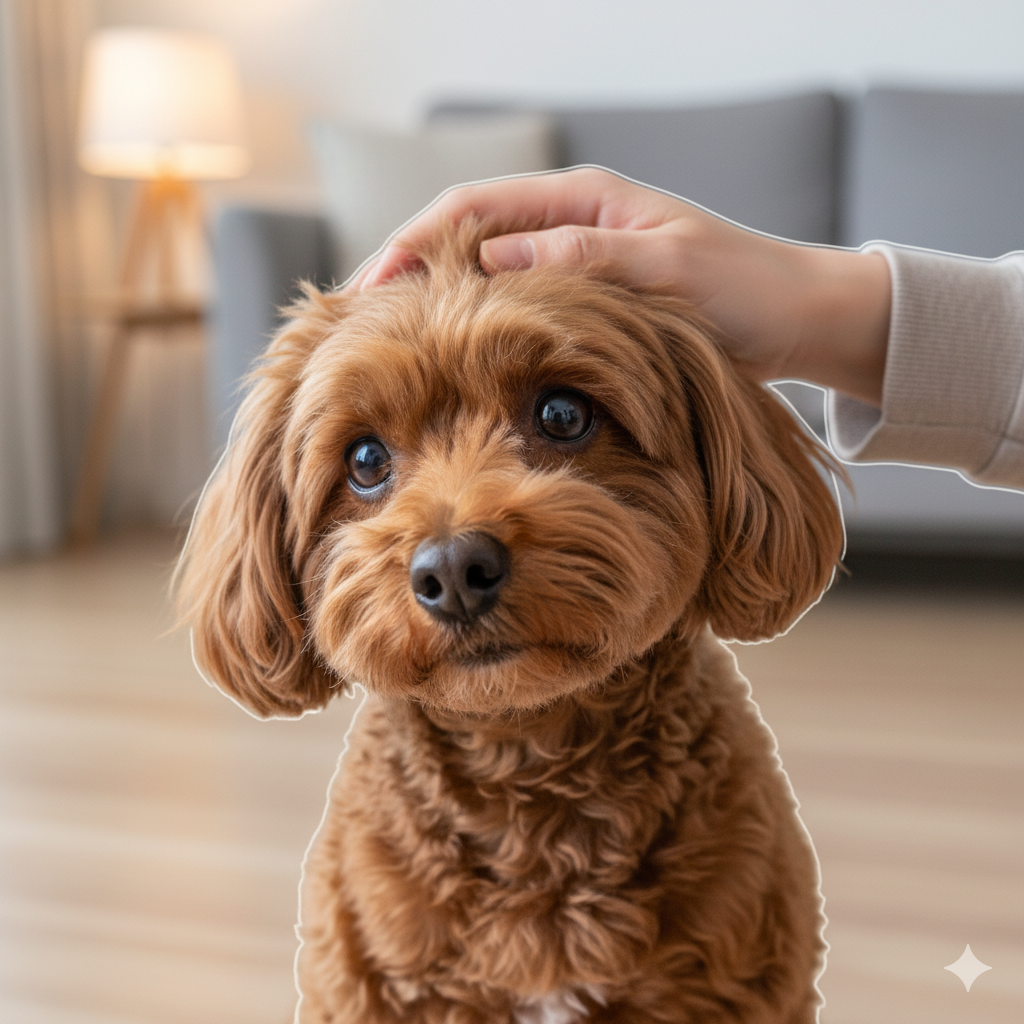 사랑스러운 갈색 푸들이 고개를 갸웃하며 보호자를 쳐다보는 모습. "내 이름 불렀어요?" 하는 듯한 표정