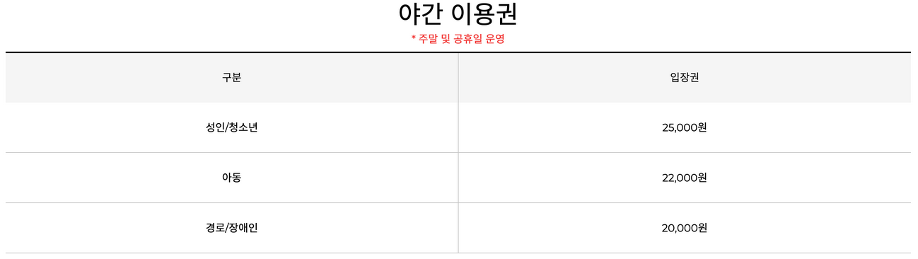 한국민속촌-야간-이용권-요금표