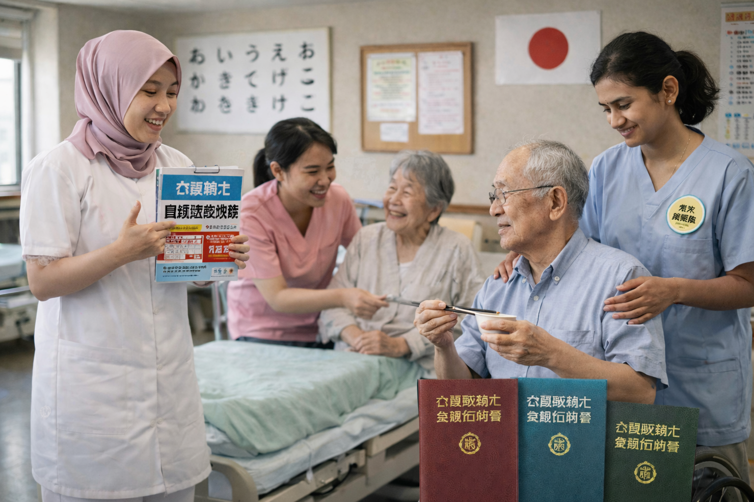 일본에 정착한 외국인 요양 인력이 고령 환자들을 돌보는 모습 (AI 이미지)