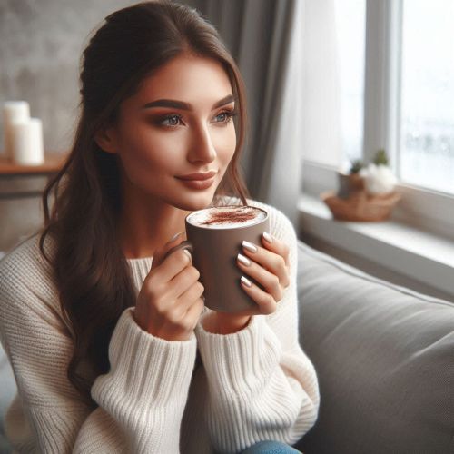 젊은 여성이 코코아음료를 마시고 있다.