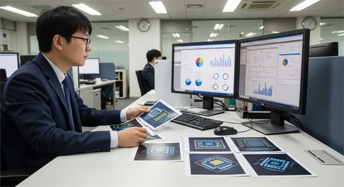 반도체 종목 자료를 검토하는 한국인 연구원의 사무실 장면 