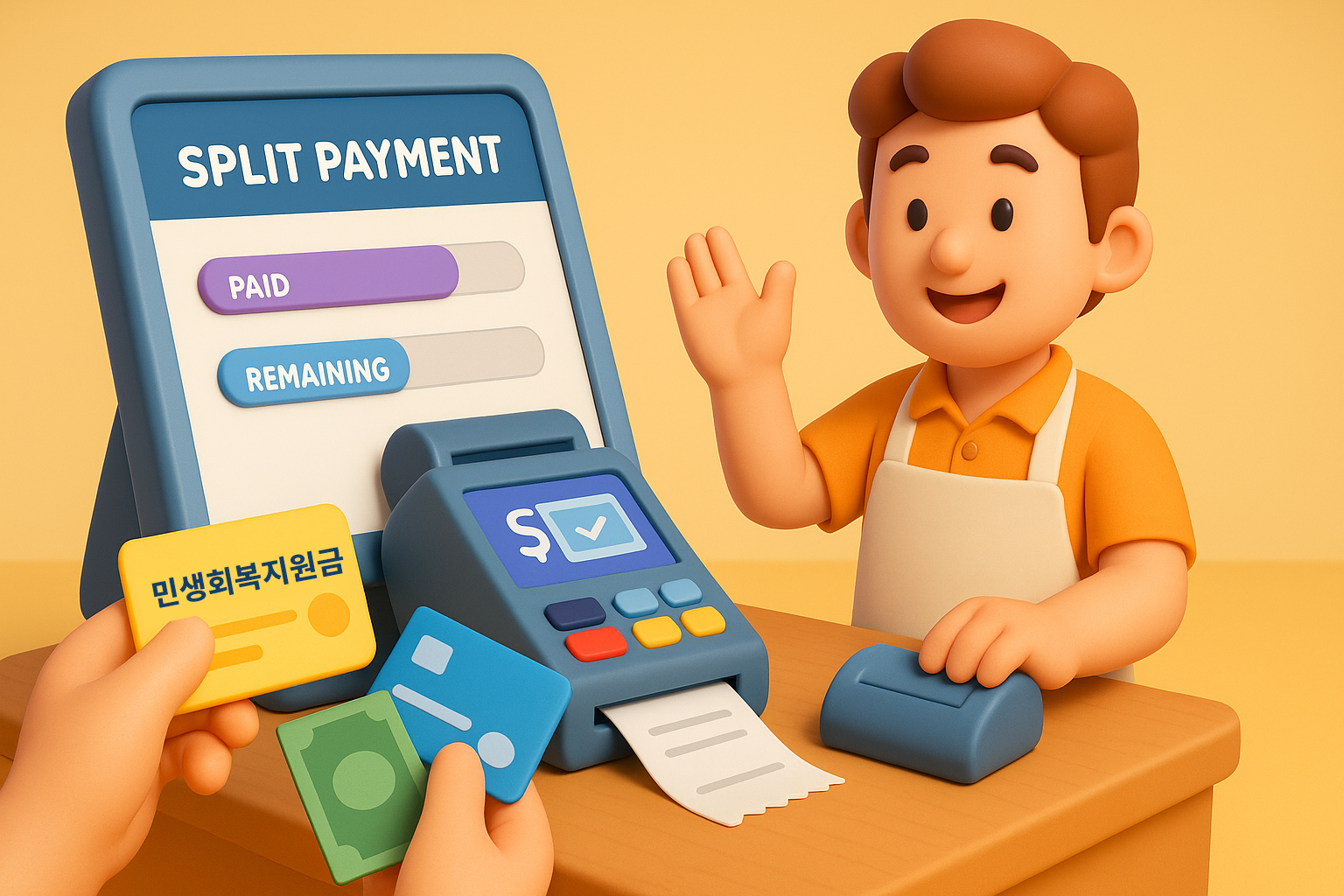 포스기에서 분할 결제 기능을 활용하여 지원금과 다른 카드로 결제하는 모습