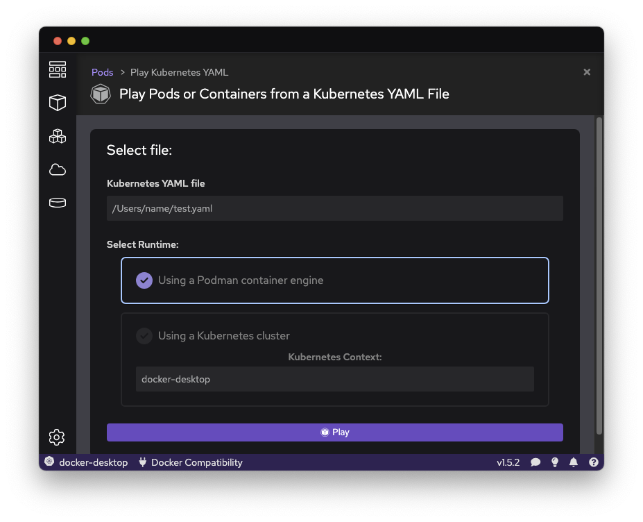 Podman Desktop use K8s yaml