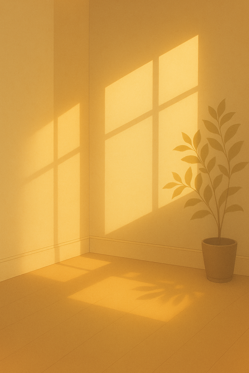 빛이 오래 머무는 벽면과 바닥을 비추는 따뜻한 햇살의 장면
