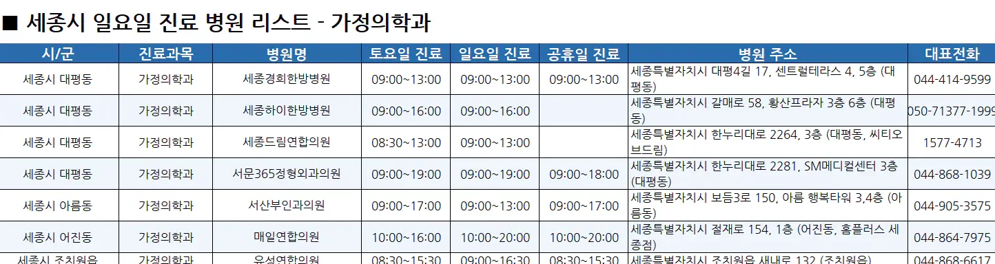 세종시-일요일-진료병원-리스트-예시