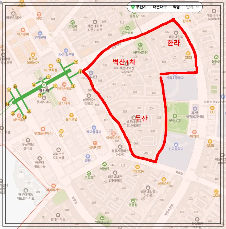 부산2호선-장산역이-보이고-그옆에-벽산1차와-두산-한라아파트를-빨간색-테투리로-묶은-지도
