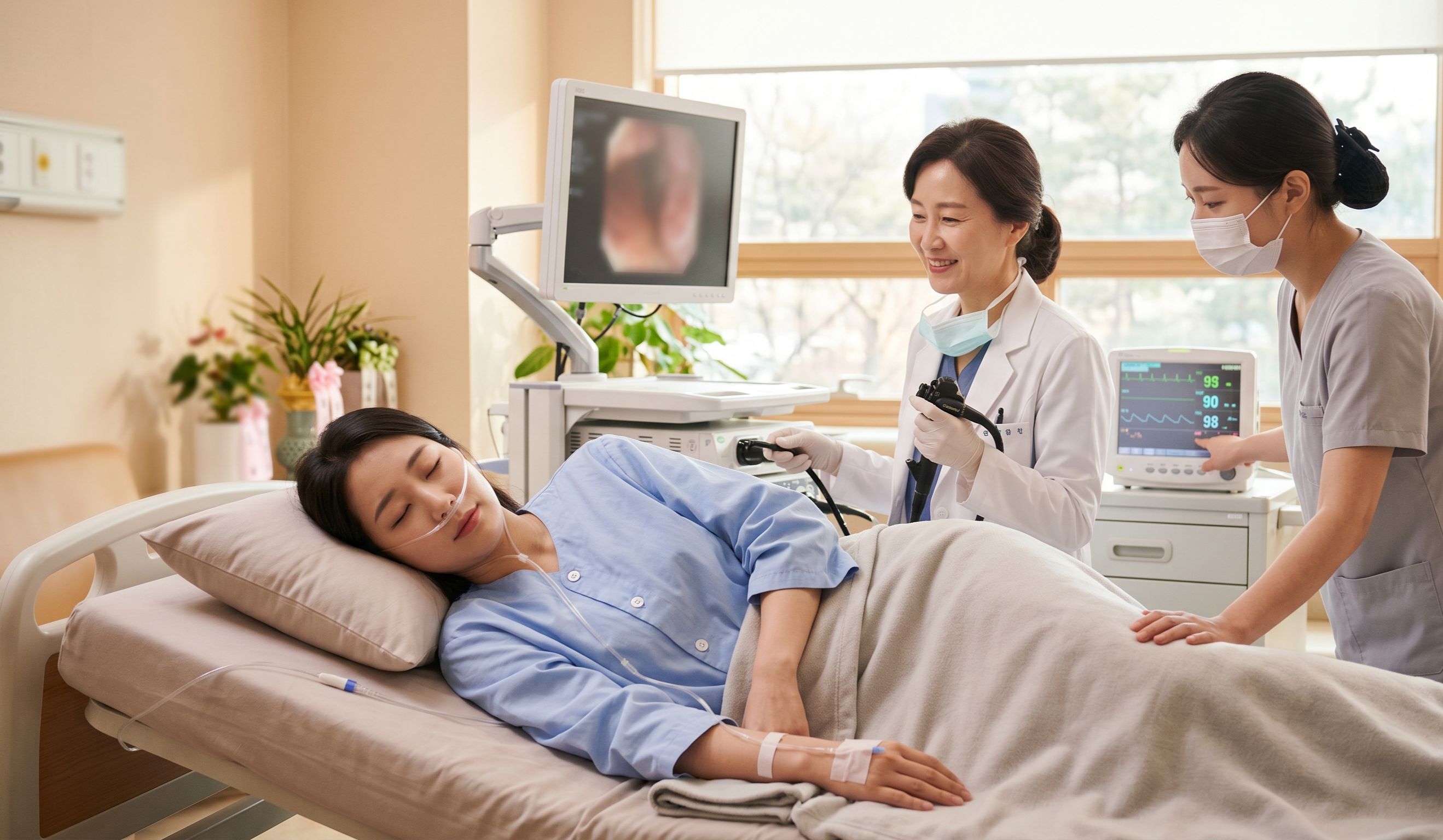 수면내시경 검사 중 진정제로 잠든 환자와 모니터링하는 의료진