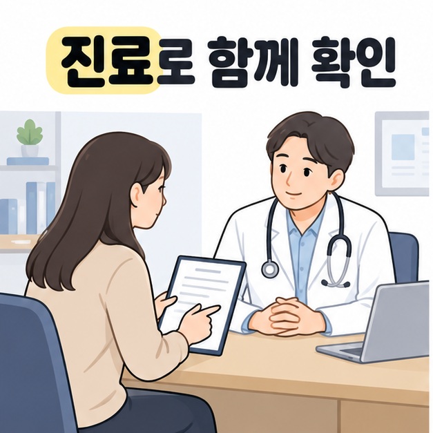 진료로 함께 확인 문구 아래 증상 기록을 보여주며 의사와 상담하는 여성