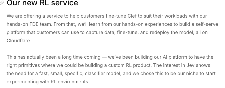 Cloudflare 블로그의 RL 파인튜닝 서비스 안내, FDE 팀과 함께 진행 후 셀프서비스 예정