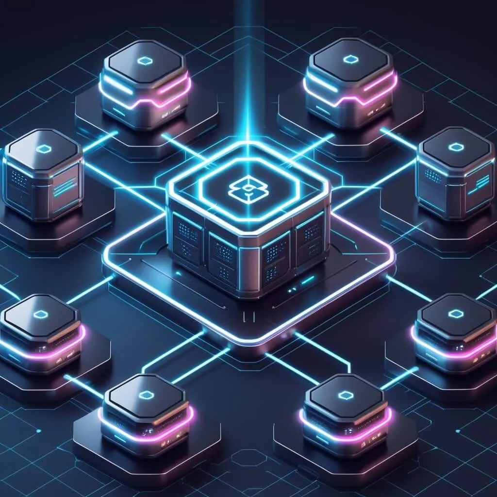체인링크 가상 데이터센터를 미래적 스타일과 색감으로 구현한 이미지
