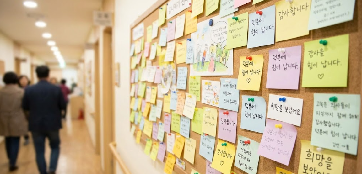 나눔으로 행복한 세상'이라는 문구가 적힌 센터 게시판