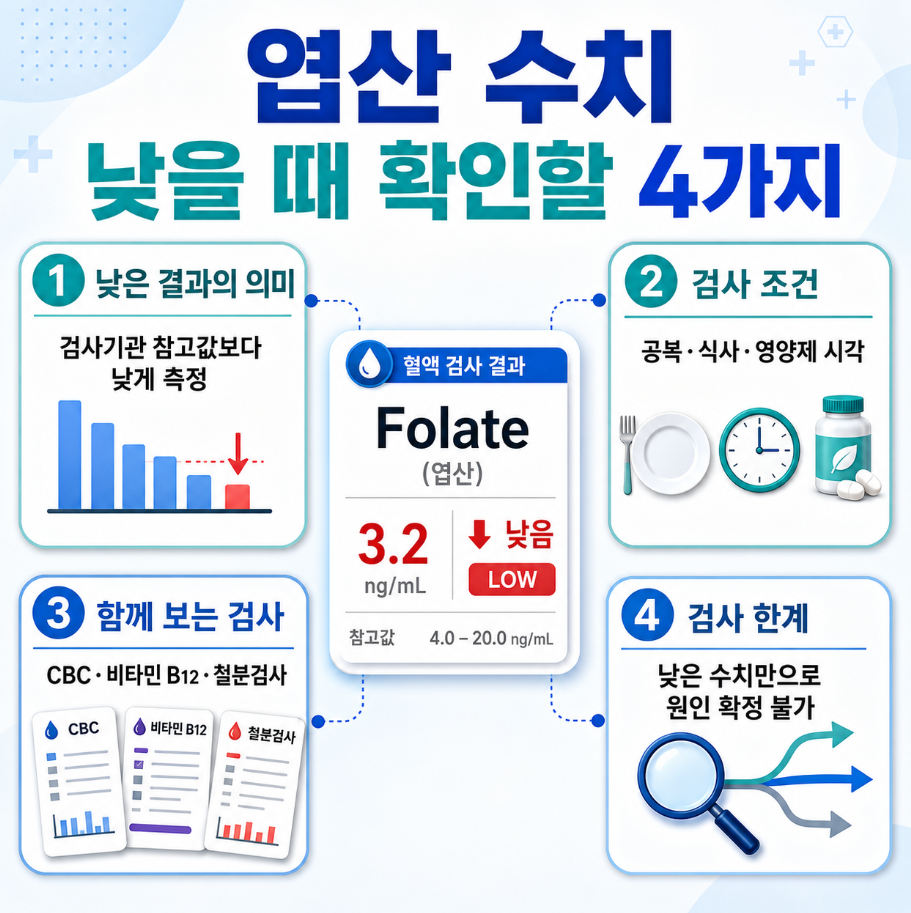 6. 엽산 수치가 낮을 때 낮은 결과의 의미, 검사 조건, 함께 보는 검사, 검사 한계를 한눈에 정리한 요약형 의료 인포그래픽