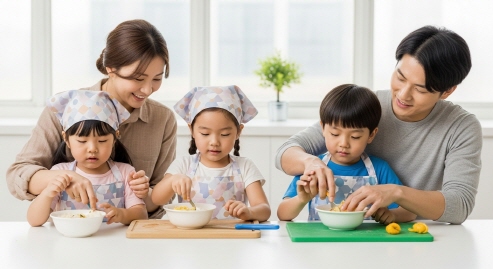 어린이가 부모와 함께 식사 준비를 하는 장면