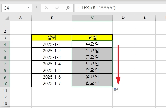 엑셀 TEXT 함수 날짜 요일 변환 자동채우기