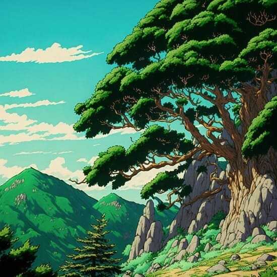 지브리 스타일의 울창한 나무와 멀리 보이는 산들 구름이 떠 다니는 이미지