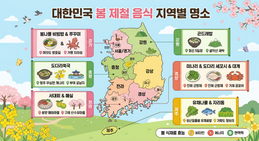봄 제철 음식 지역별 명소 한국 지도