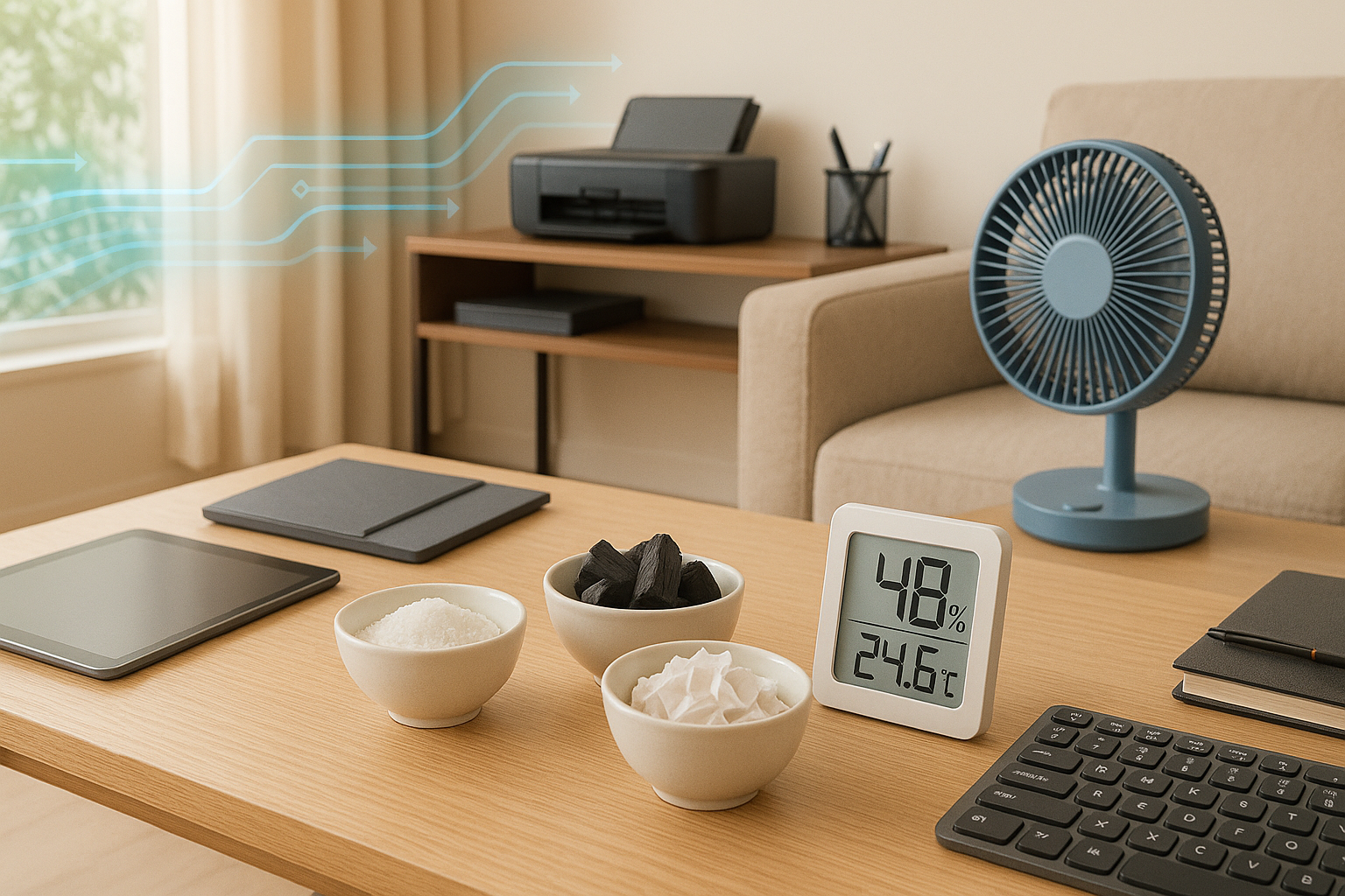 깔끔하고 현대적인 집 내부, 거실에 놓인 작은 그릇들