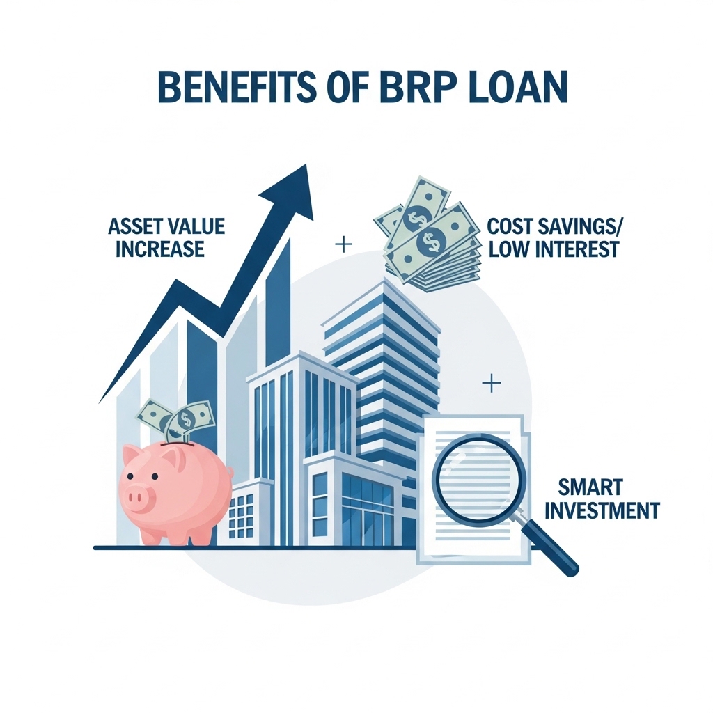 BRP 융자로 인한 자산 가치 상승, 비용 절감, 스마트 투자 등 다양한 이점을 시각적으로 보여주는 인포그래픽
