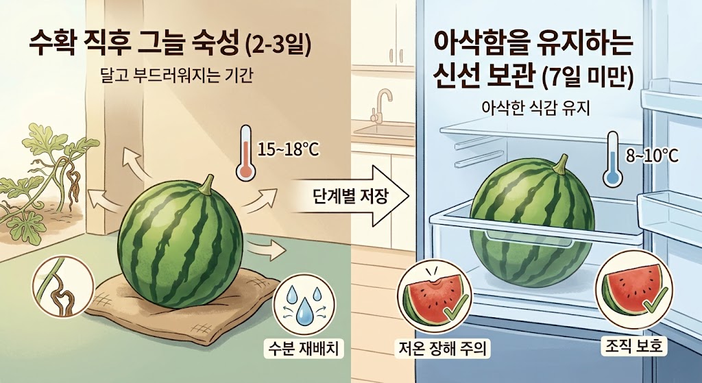 수박 수확 후 15&deg;C 내외의 그늘진 실온 숙성 단계와 10&deg;C 내외의 냉장 보관 단계를 비교하여 보여주는 직관적인 보관 온도 다이어그램
