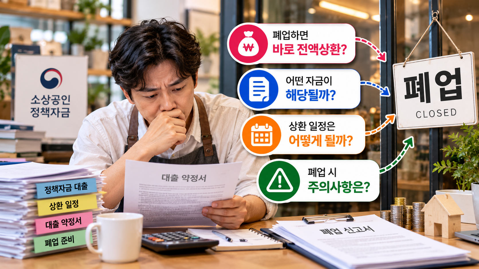 소상공인이 정책자금 대출 잔액과 폐업 후 상환계획 및 대출약정 조건을 확인하는 이미지