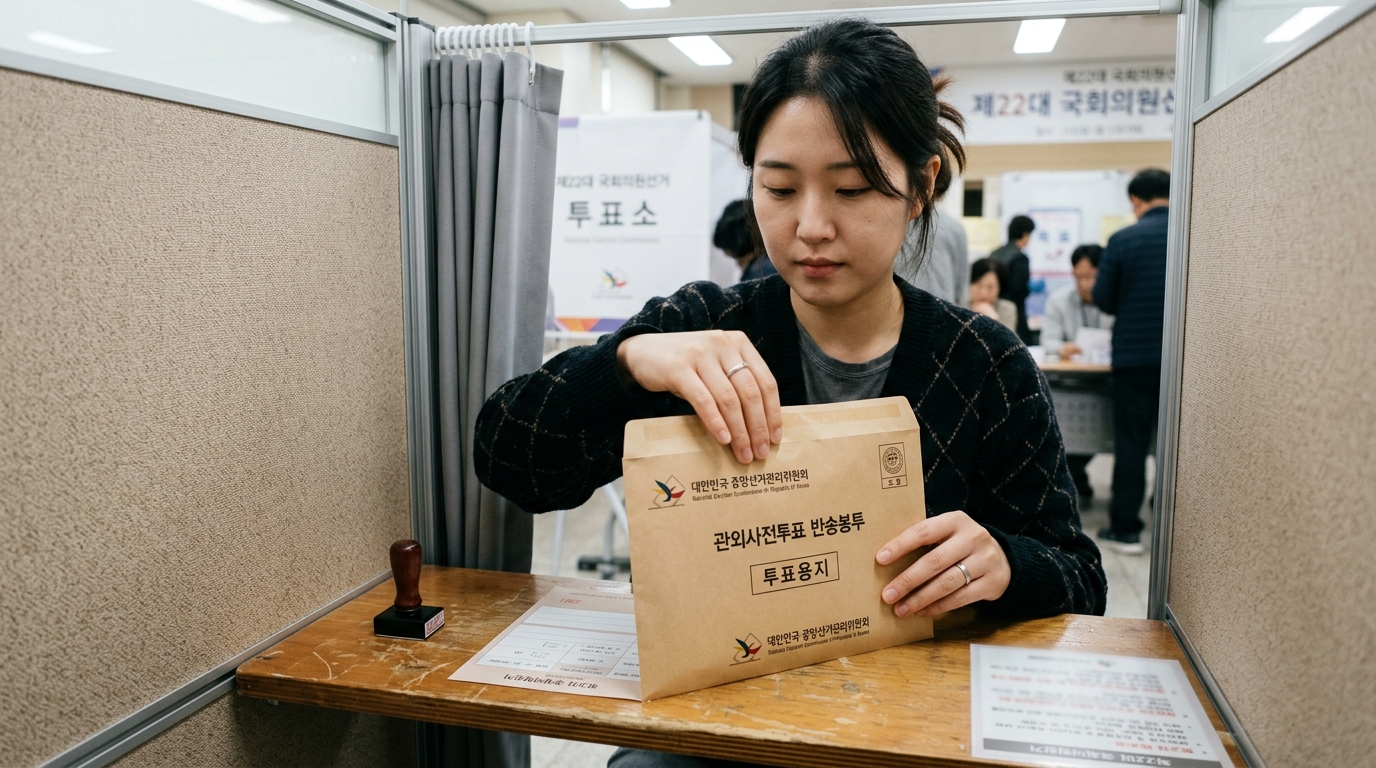 전국 어디서나 신고 없이 가능한 사전투표소 내부 기표소에서 관외 타지역 유권자가 투표용지를 회송용 우편 봉투에 넣고 양면테이프로 완벽히 밀봉하는 손 모양
