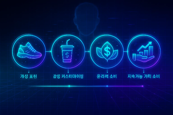 MZ세대 소비 트렌드 변화 인포그래픽. 개성 표현부터 감성 커스터마이징, 윤리적 소비, 지속가능 가치 소비까지의 흐름을 네온 아이콘과 타임라인으로 시각화