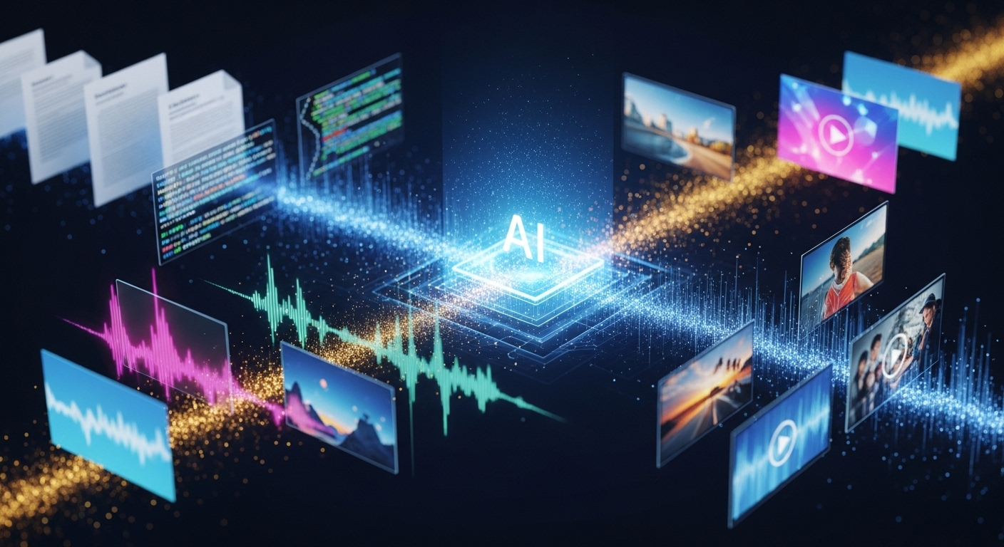 텍스트, 이미지, 오디오, 비디오 등 다양한 데이터를 통합적으로 처리하는 제미나이 3의 다중 모달리티 능력을 시각화한 첨단 인터페이스 이미지