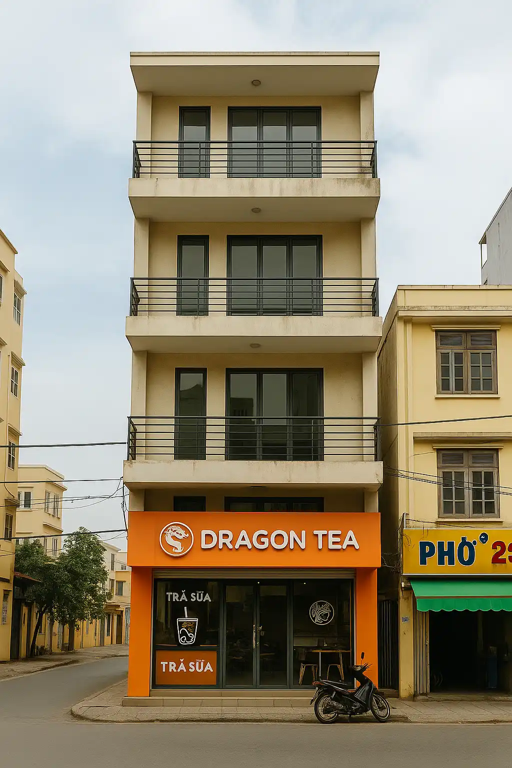 베트남 4층 쇼하우스형 상가 건물 실사 — 1층 상가, 상부 3개 층 발코니 구조