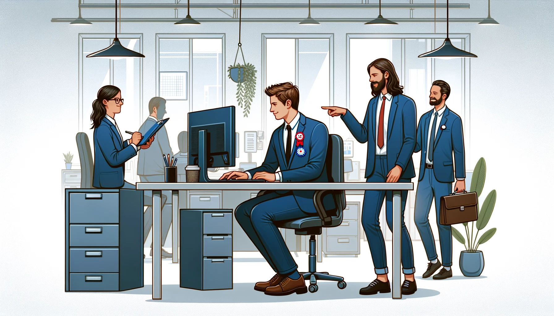 Here is the image depicting modern workers adapting to workplace rules they might find unreasonable. The scene showcase a positive and cooperative office atmosphere, with employees maintaining professionalism and expressing personal touches.