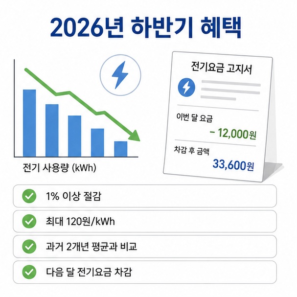 2026년 7월부터 12월에는 전기사용량을 1% 이상 줄이면 캐시백 대상이 될 수 있고 최대 120원/kWh까지 적용된다는 이미지