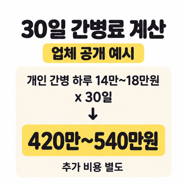 업체 공개 예시인 개인 간병 하루 14만~18만원에 30일을 곱해 420만~540만원을 계산하고 추가 비용은 별도라고 안내하는 이미지