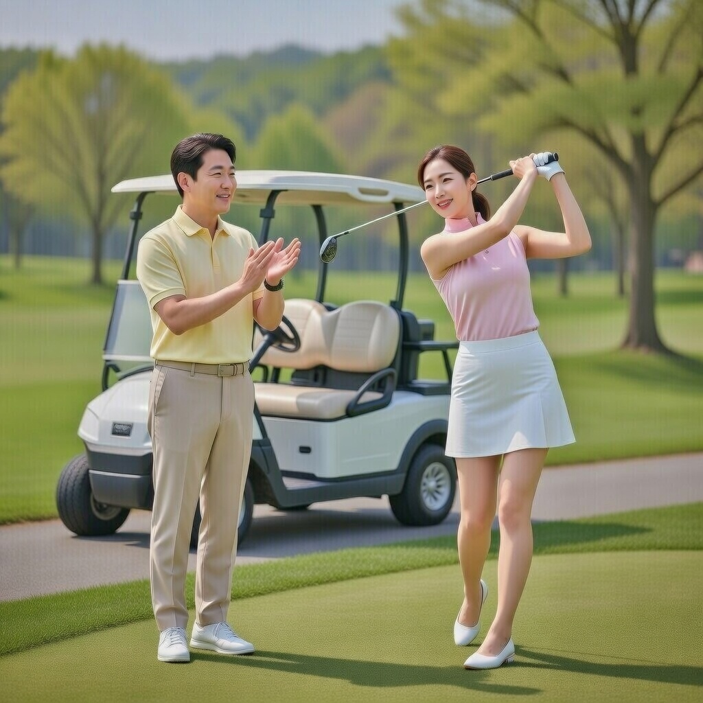 중년 부부가 경주 알천파크골프장에서 골프를 치며 즐거운 시간을 보내는 모습