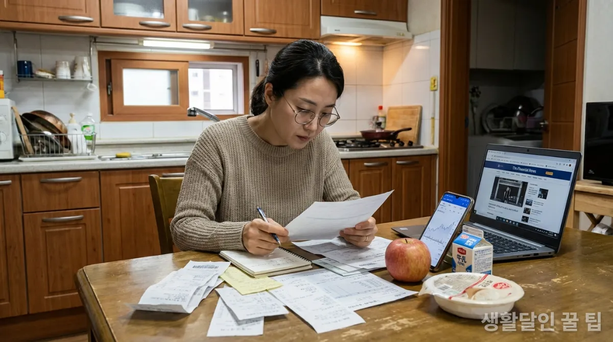 1인 가구가 생활비를 절약하기 위해 영수증을 확인하는 모습