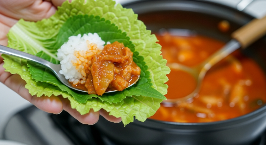 쌈채소 위에 흰쌀밥과 차돌박이 강된장을 듬뿍 올려 쌈으로 만들어진 모습
