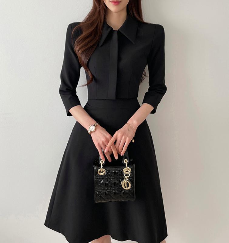 세니 빅카라 크롭 자켓 미디 a라인 플레어 치마 투피스 세트