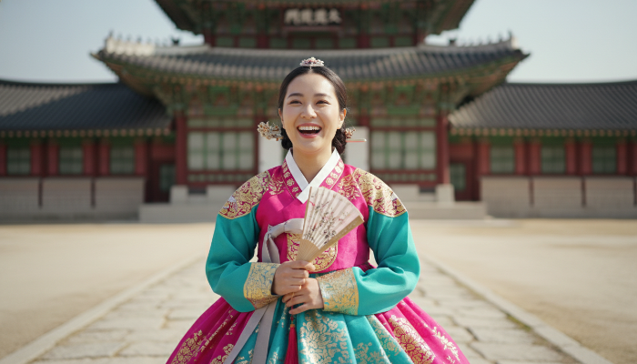 화려한 한복을 입은 외국인 여성이 궁궐 돌길을 즐겁게 걷고 있는 모습