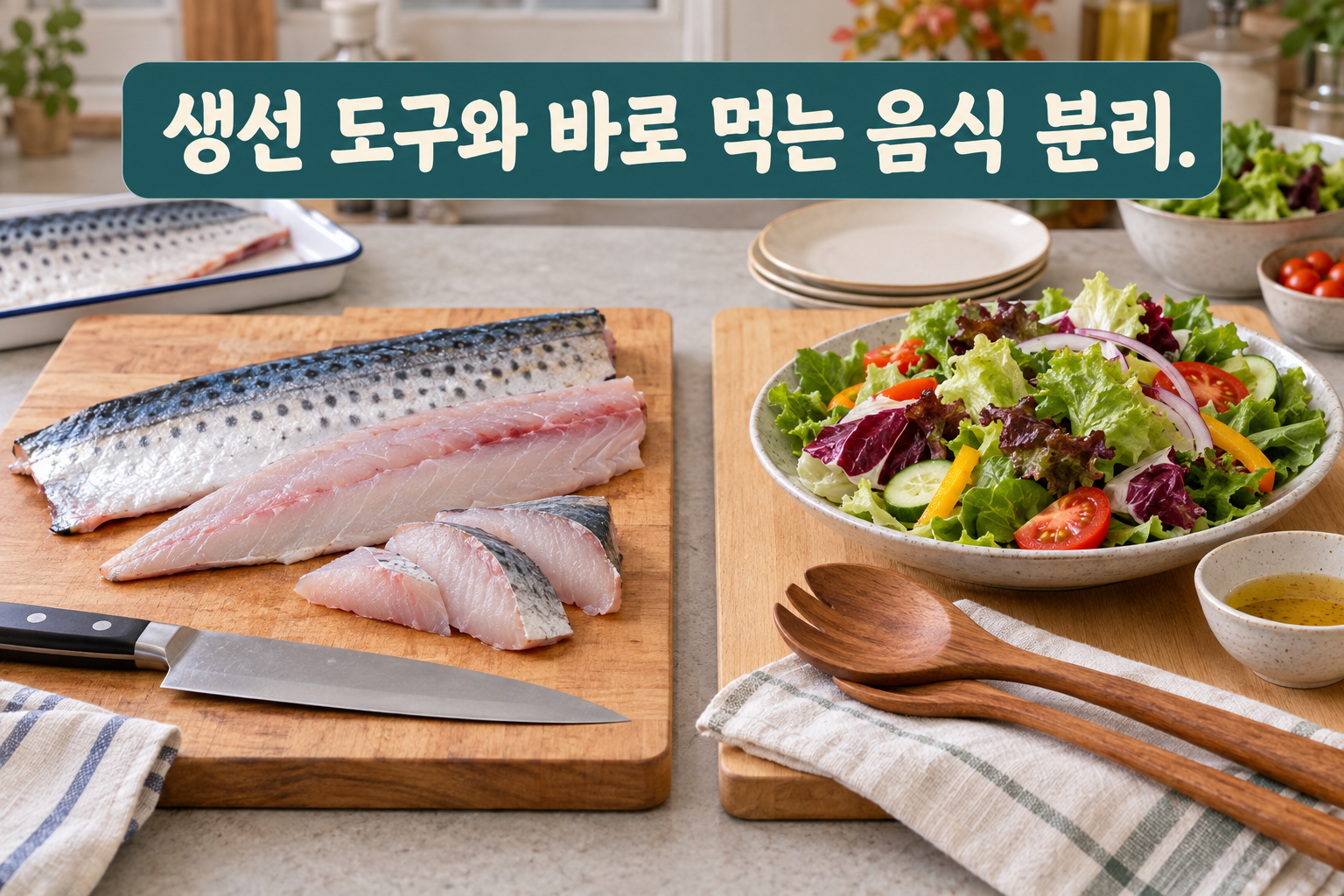 생삼치와 손질 도구를 바로 먹는 채소·전용 도구와 분리한 모습.