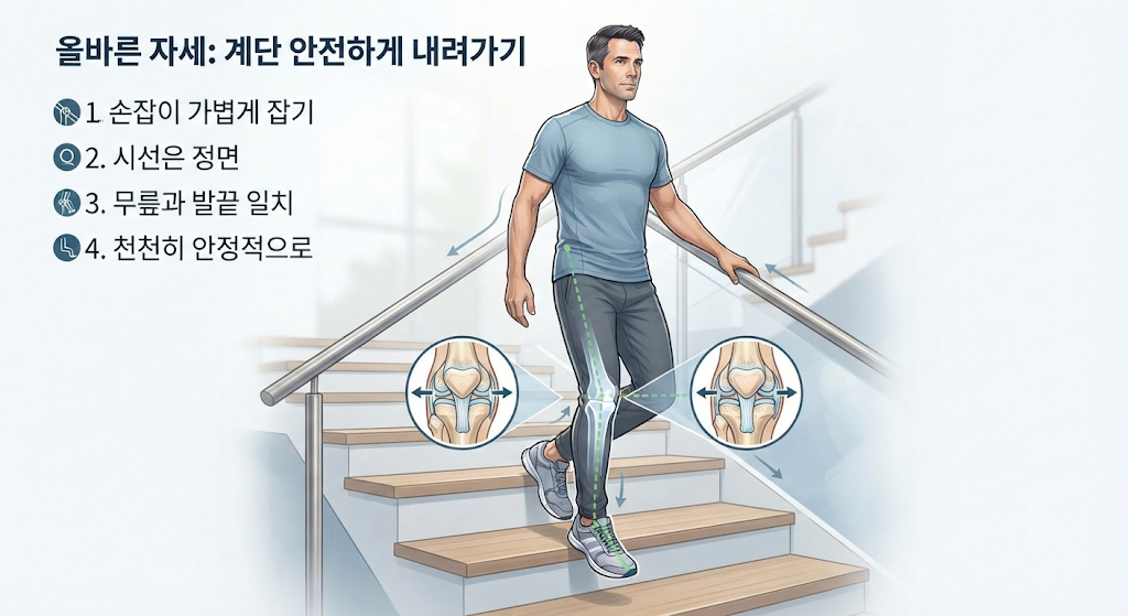 손잡이를 활용해 천천히 계단을 내려가는 올바른 운동 자세