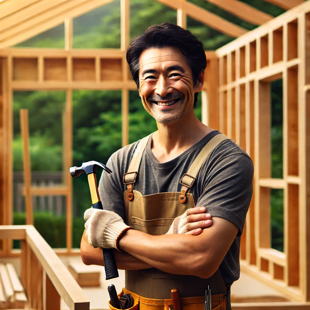 중년 남성의 작은 목조주택 짓기 도전 이미지