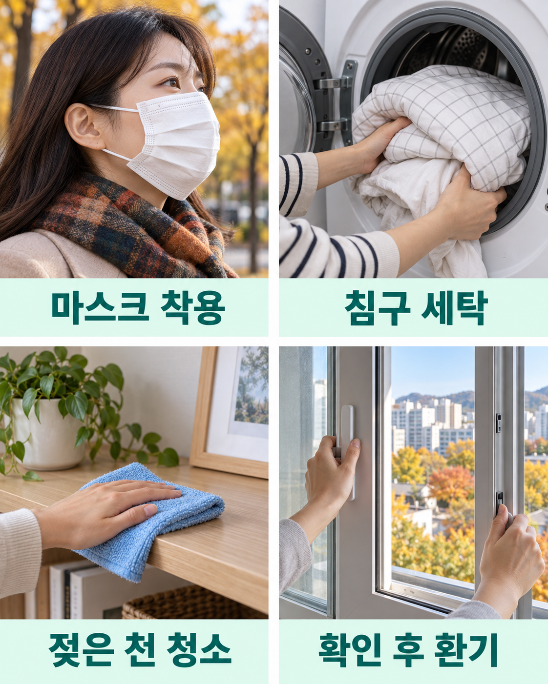 마스크로 코와 입을 덮은 외출, 침구 세탁, 젖은 천으로 닦기, 바깥 상태를 확인한 환기를 보여주는 네 장면