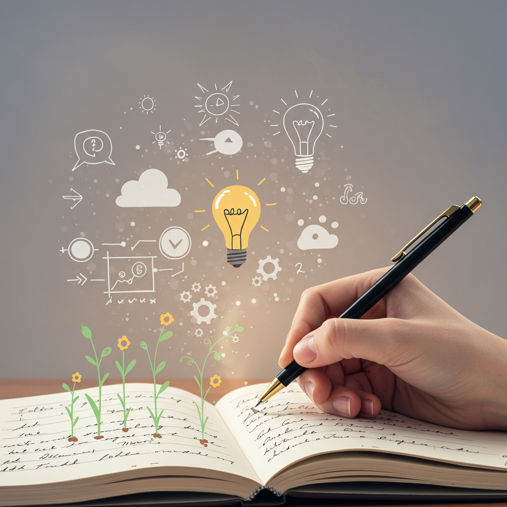 펜으로 노트에 아이디어를 기록하는 손, 생각의 번뜩임과 창의적인 연결을 시각화