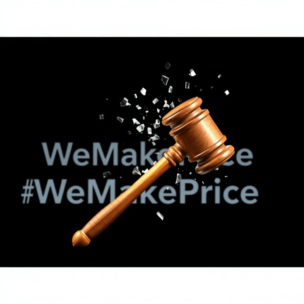 법봉이 내려쳐지는 순간의 이미지를 핵심으로 하고, 배경에는 위메프 로고가 산산조각 나거나 빛을 잃는 모습을 연출합니다. 엄숙하고도 단호한 분위기를 통해 돌이킬 수 없는 결정을 시각적으로 강조합니다.