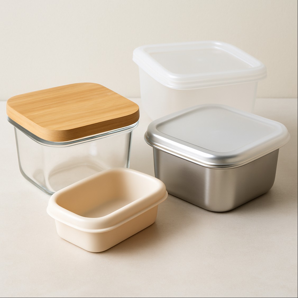 유리·스테인리스·플라스틱·실리콘 등 다양한 용기 재질 비교를 보여주는 사각형 용기 이미지