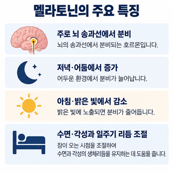 어두워지면 멜라토닌 분비가 증가하고 아침의 밝은 빛에서 감소하며 생체시계를 조절하는 과정을 설명한 이미지