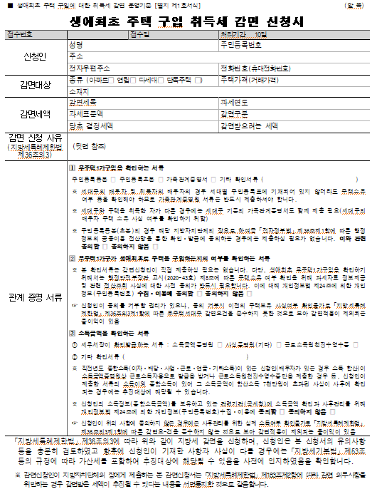 생애최초 주택구입 취득세 감면 신청서류 화면