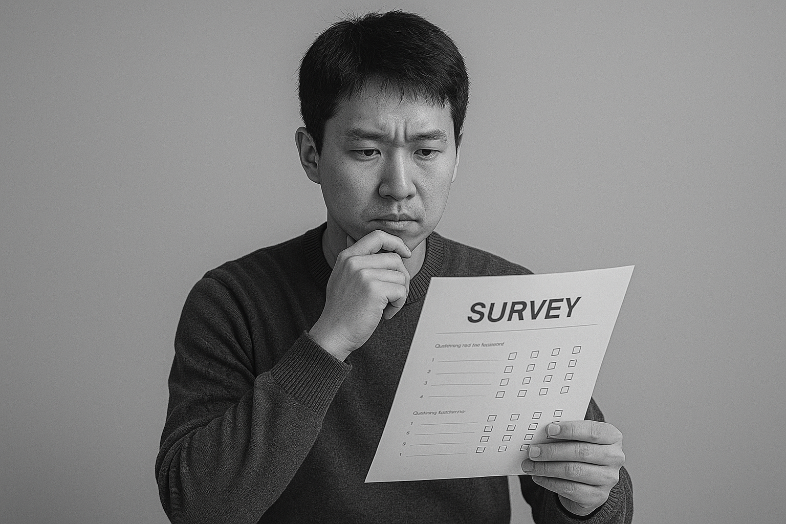 설문지를 들고 고민하는 참가자의 모습