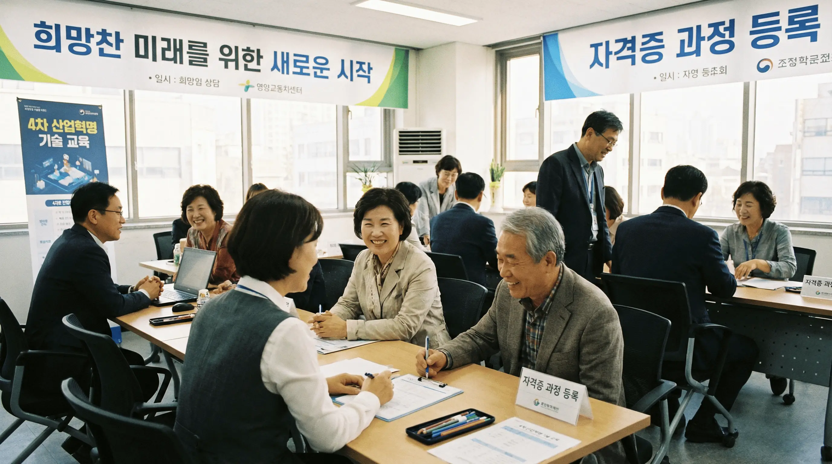 중장년층이 직업 훈련 상담을 받으며 새로운 자격증 과정에 등록하는 희망찬 모습