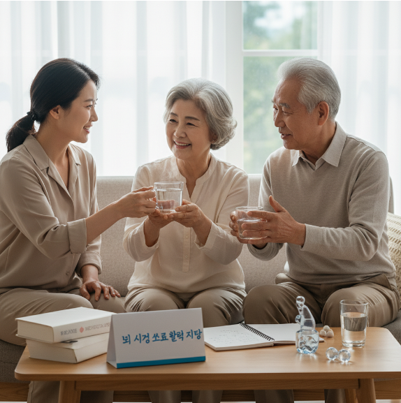 시니어 부모님이 미지근한 물을 마시며 뇌 활력을 보충하는 건강한 모습