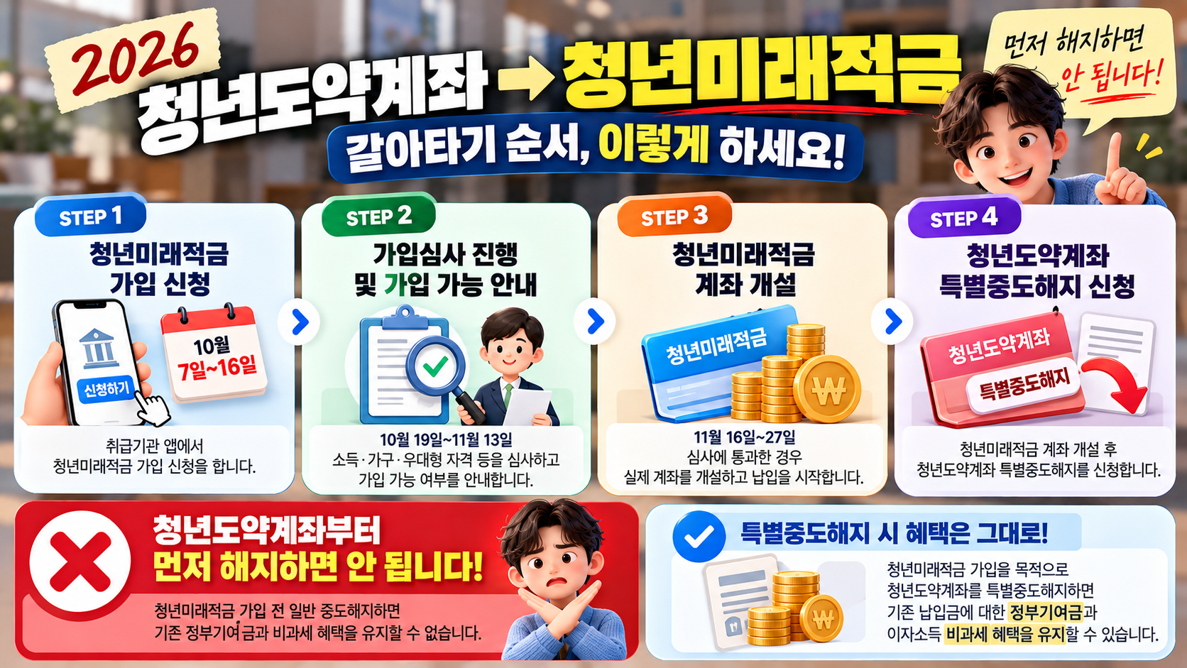 청년도약계좌에서 청년미래적금으로 갈아타는 신청 심사 계좌개설 특별중도해지 순서 안내